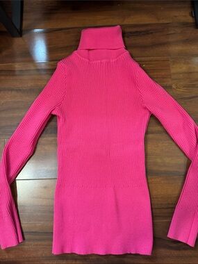 Fitted Hot Pink Ribbed Turtleneck Sweater